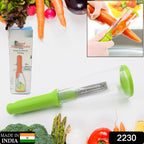 Ergonomic fruit peeler demonstrating its sharp stainless steel blade on a potato.