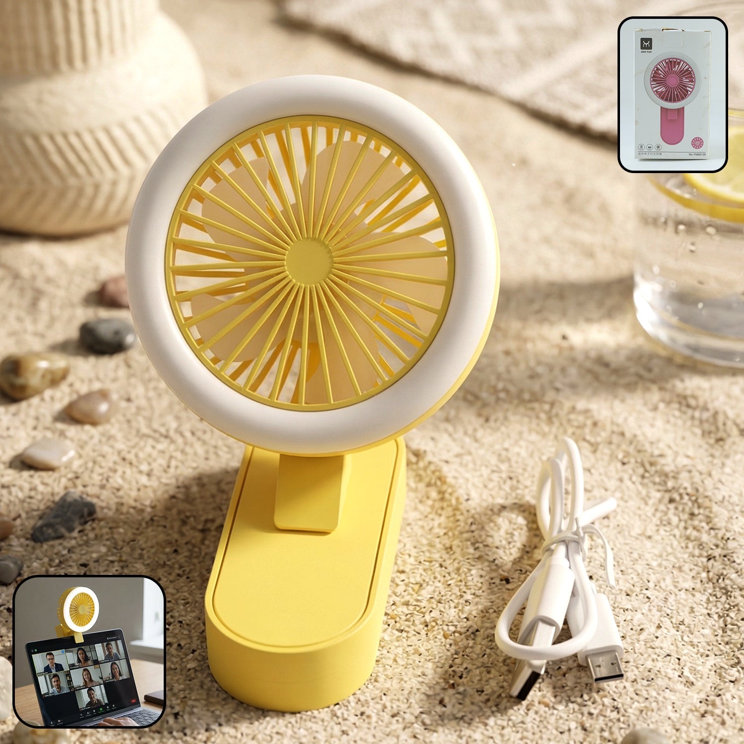 Portable rechargeable mini table fan with LED light and adjustable angle