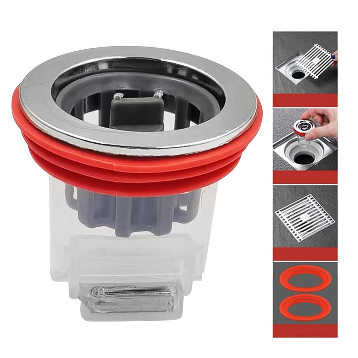 Close-up of anti-odour floor drain core with silicone rubber ring