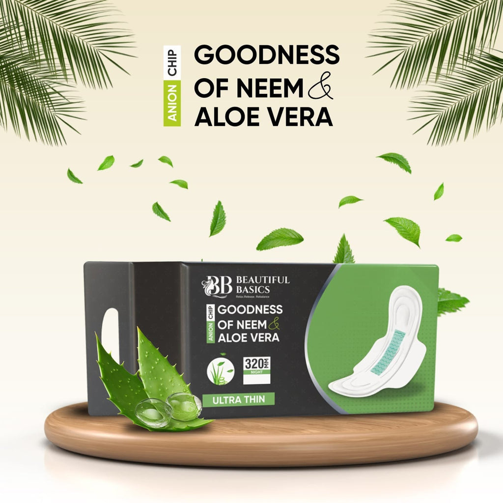 Pack of 32 ultra-thin sanitary pads with Neem and Aloe Vera for women.
