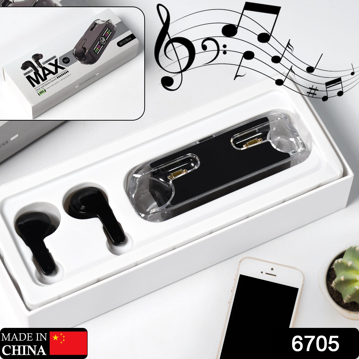 Pair of black M12 Max Wireless Earbuds, showcasing their modern touch control design.