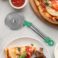 A Quickslice stainless steel pizza cutter with a sharp wheel, ready for use on a countertop.