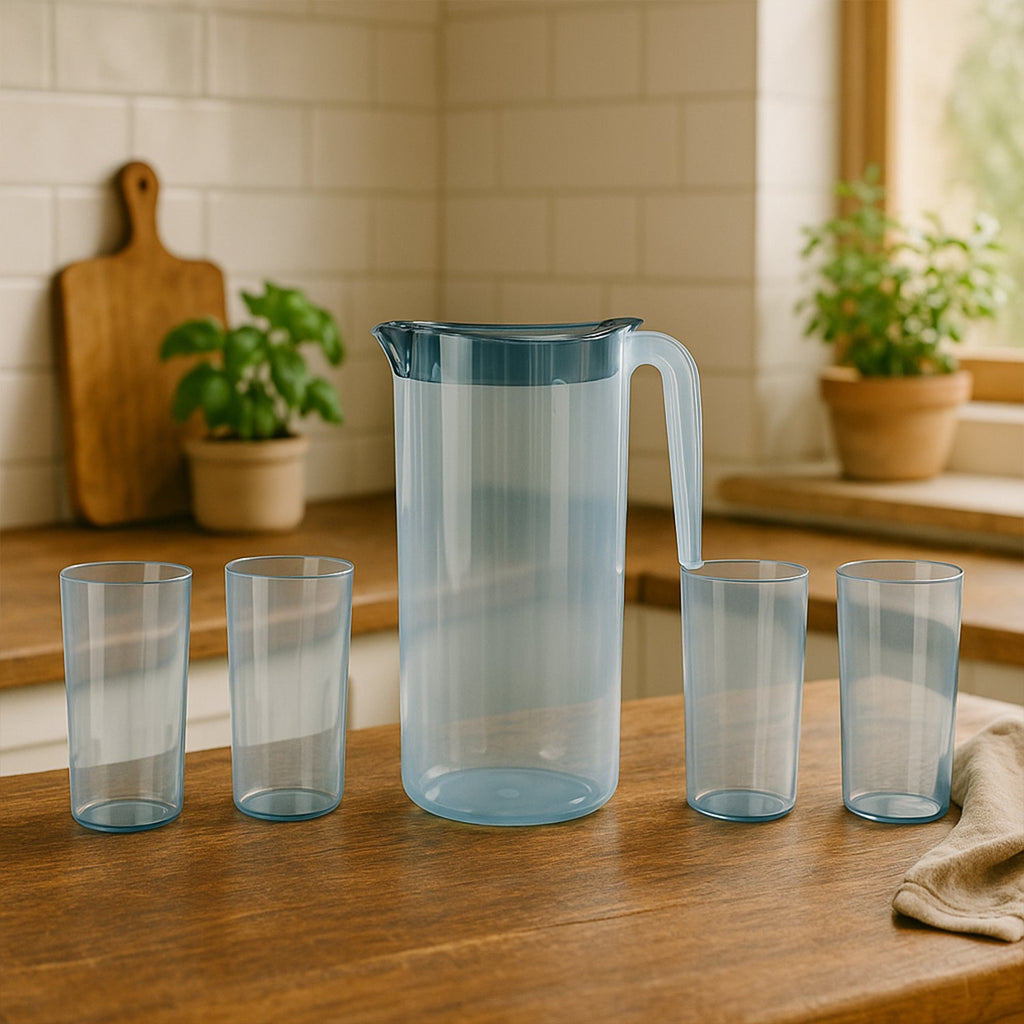 Crystal Premium Jug 1500ml with lid and 4 glasses set in transparent BPA-free plastic
