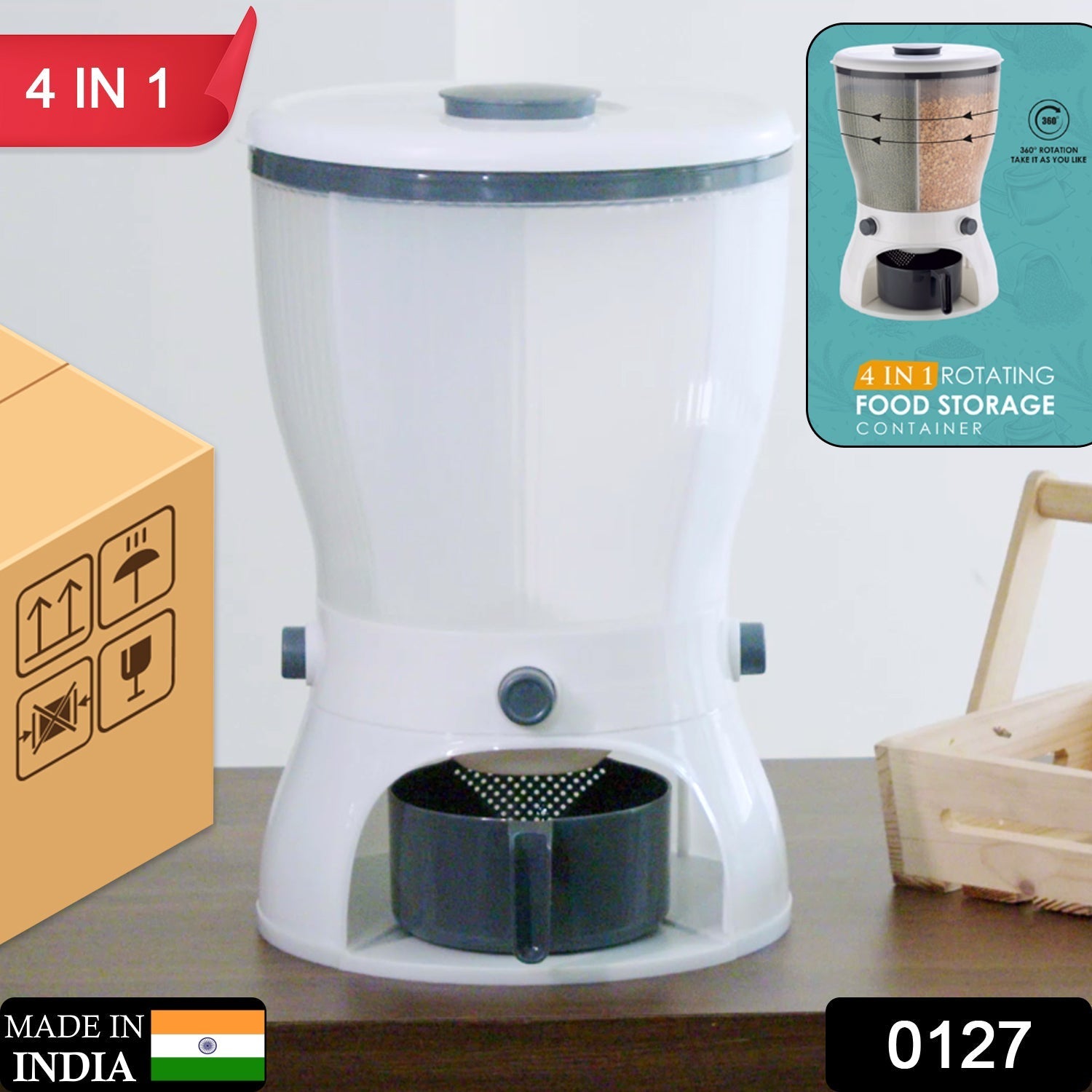 Close-up of the durable, food-grade plastic material of the grain dispenser.