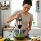 Stainless steel handheld emulsion blender with four-blade blade on kitchen counter