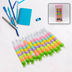 Top-down view of a designer pearl gel pen set, highlighting the distinct moti patterns.