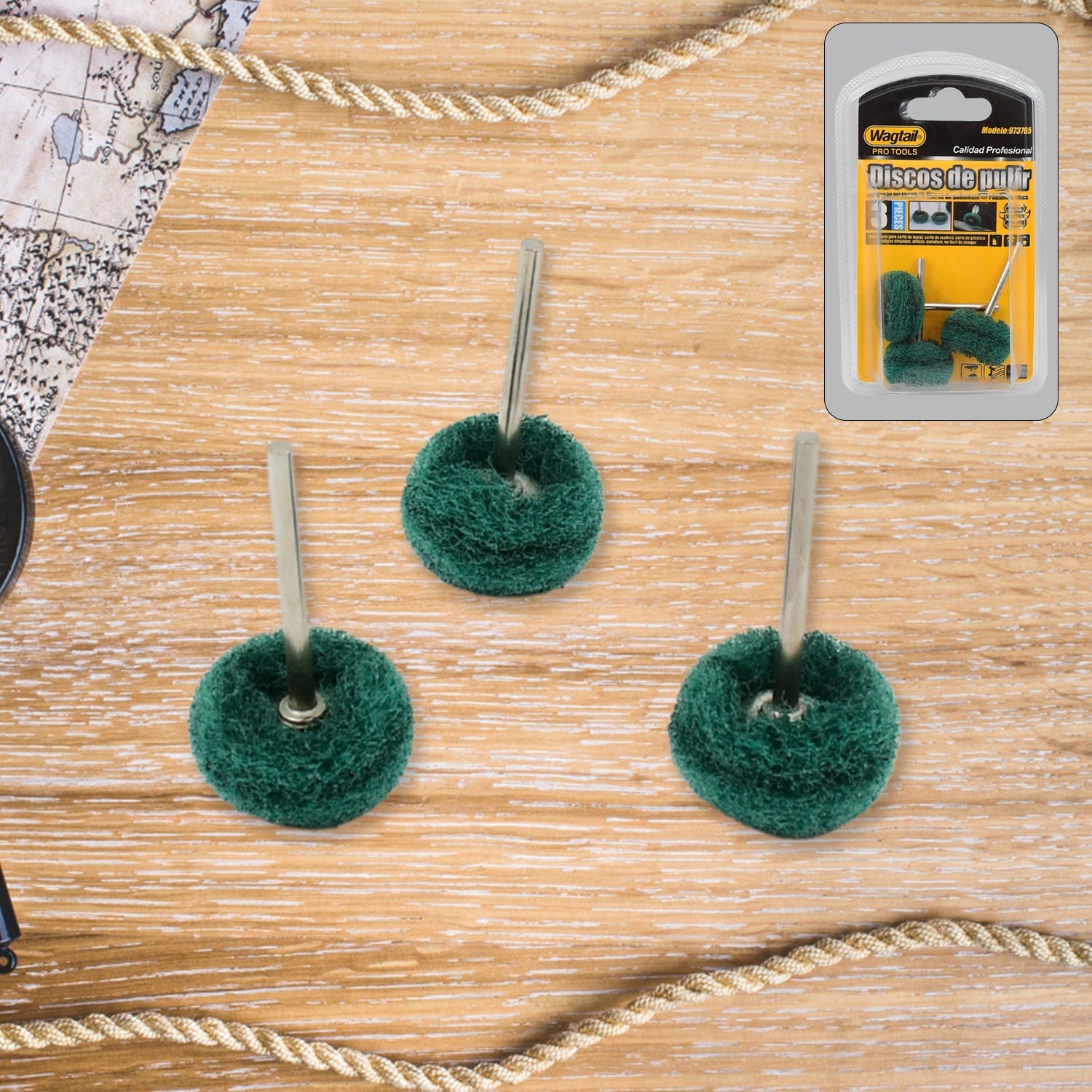 Wagtail Abrasive Polishing Wheel Set with 3 pieces for rotary tools.