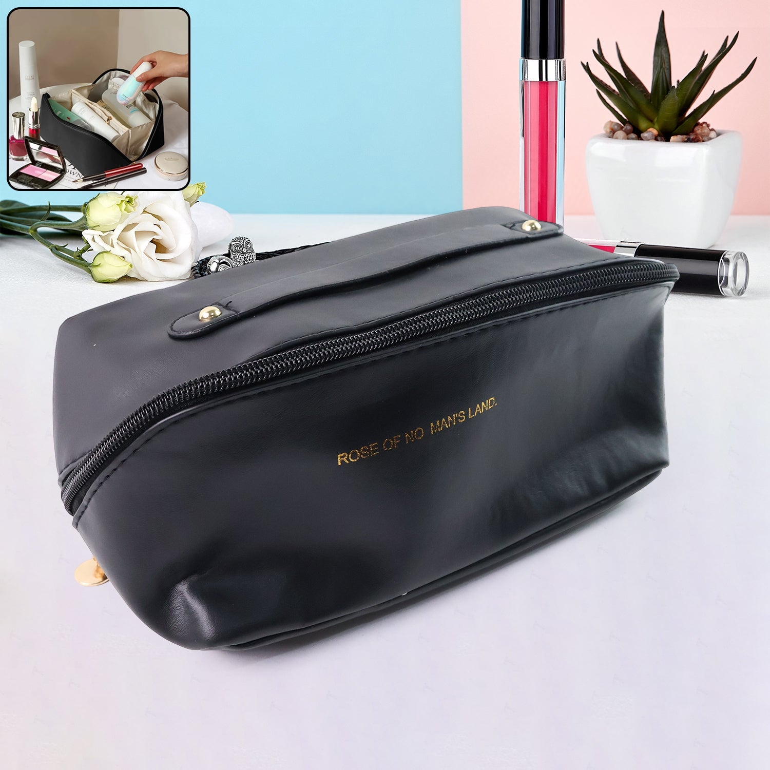 Black waterproof travel makeup organizer pouch with zipper and stitched handle