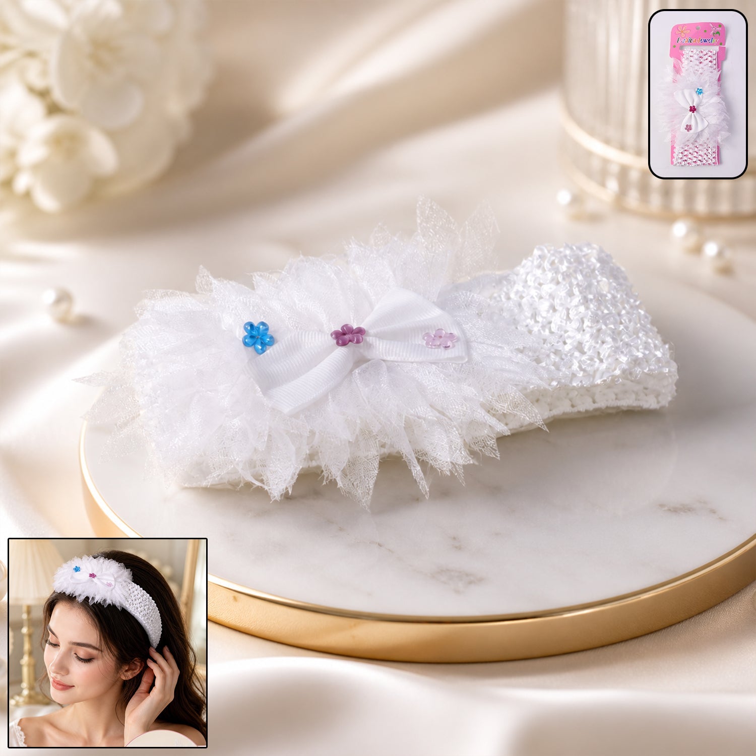 Elegant floral baby headband in soft elastic fabric with a floral bow design