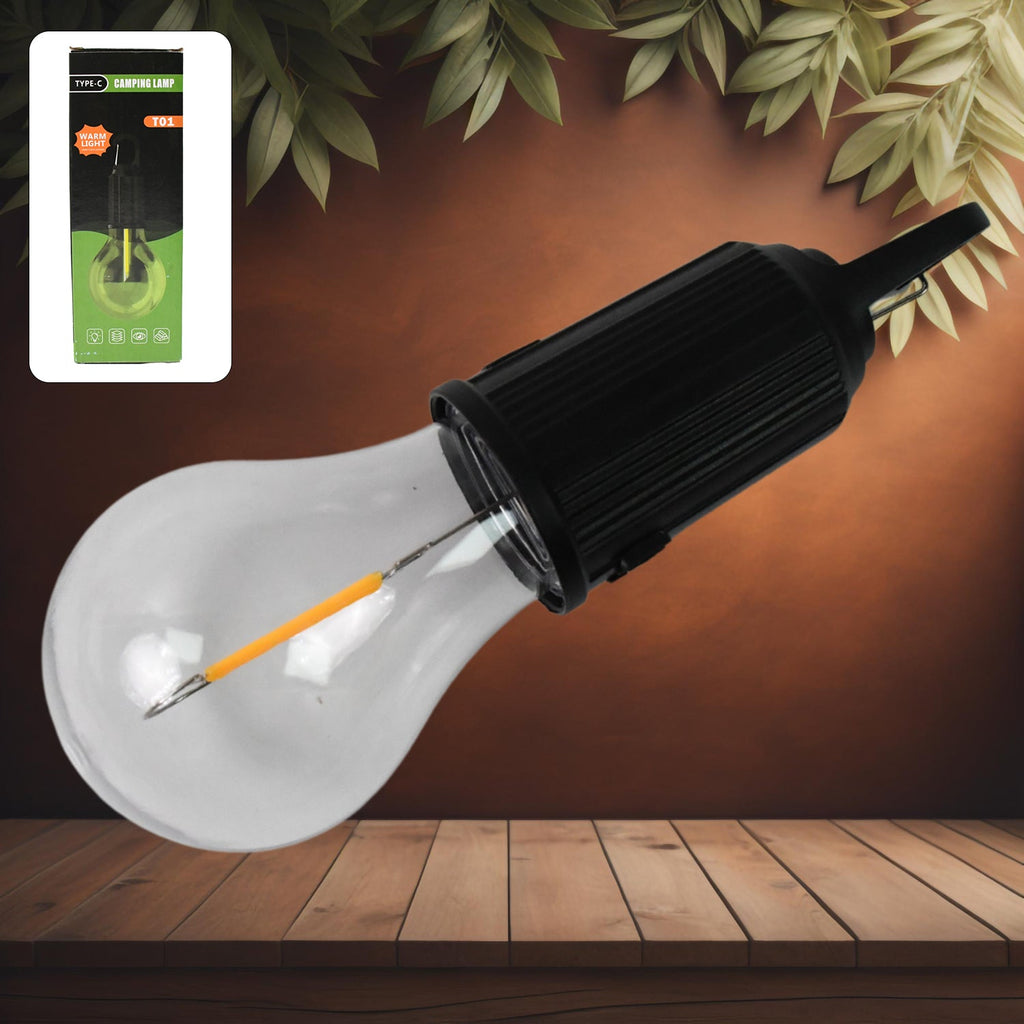 Close-up of the  rechargeable lantern showing LED light and hook.