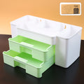 White desktop organizer with two drawers and top compartments on a light background.