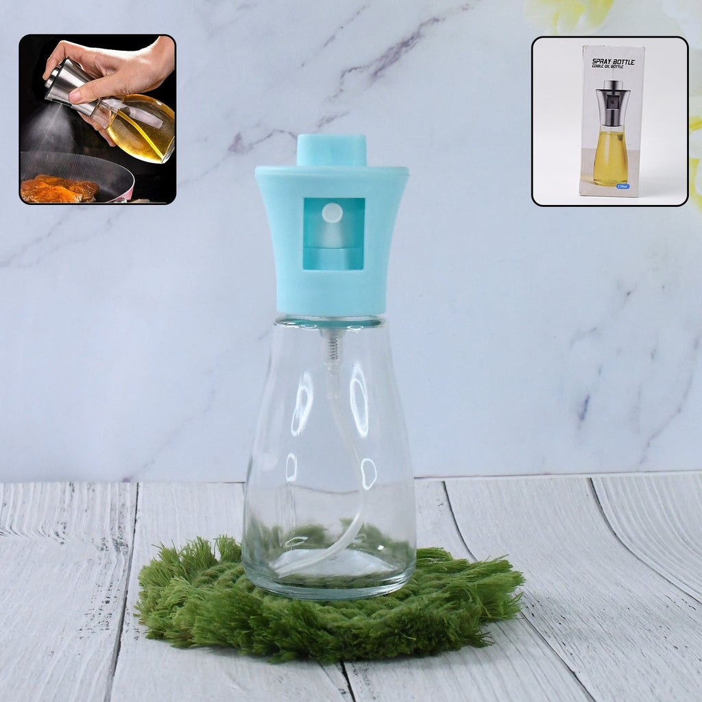 Clear glass 170ml oil sprayer bottle with fine mist nozzle, perfect for healthy cooking.