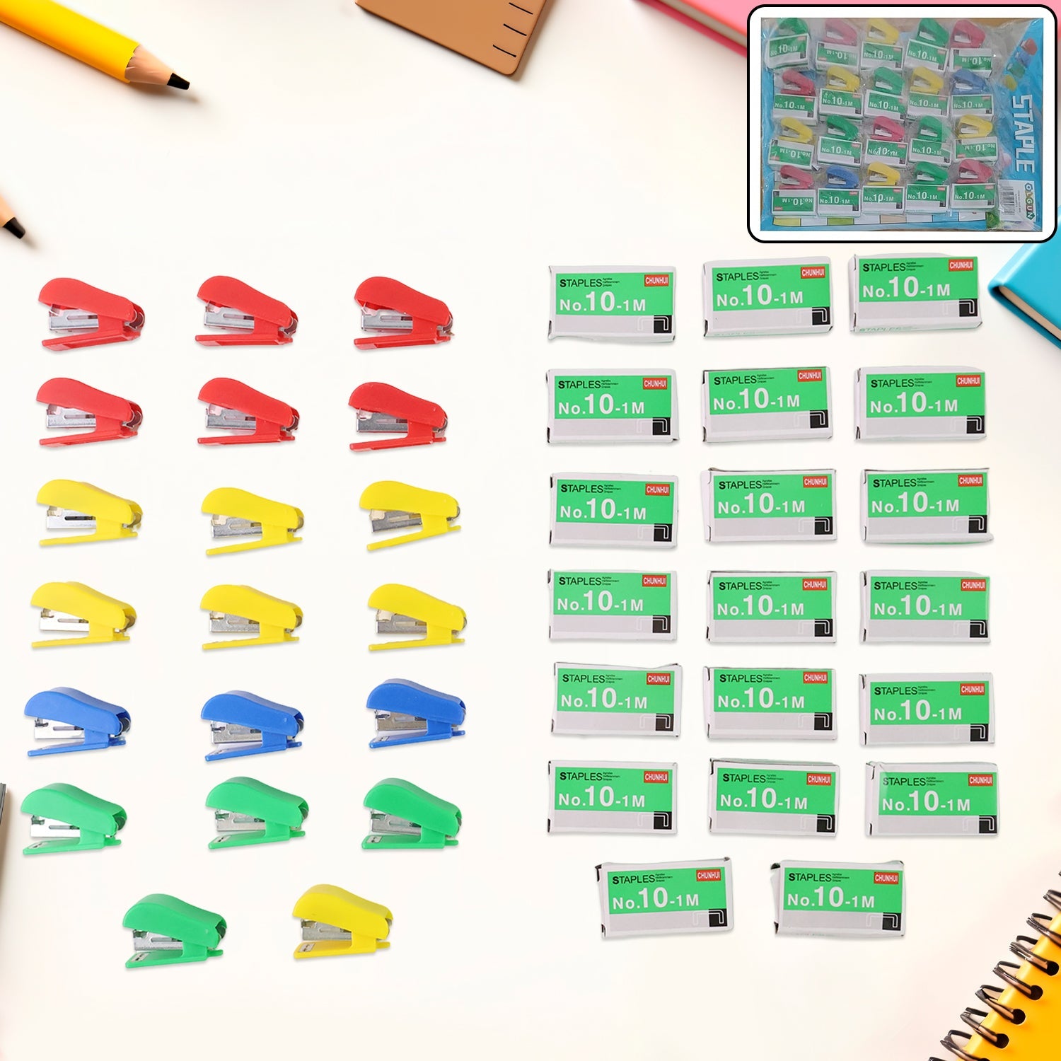 Mini stapler set with No.10 staple pins in assorted colors