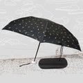 Compact umbrella with UV shield and zip case, displayed open for sun and rain protection.