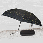 Compact umbrella with UV shield and zip case, displayed open for sun and rain protection.