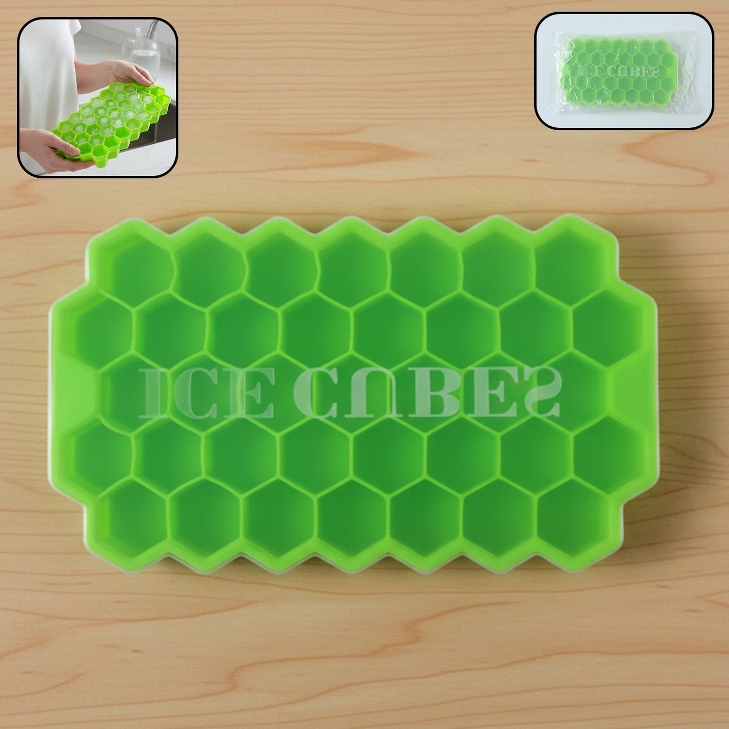 Honeycomb silicone ice cube tray showcasing hexagon-shaped ice cubes