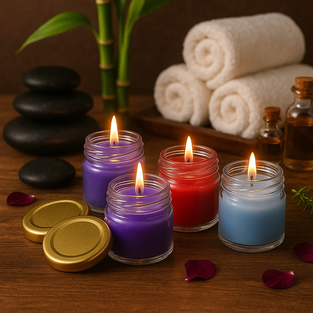 Set of four wax candles in glass jars with gold lids in vibrant colors