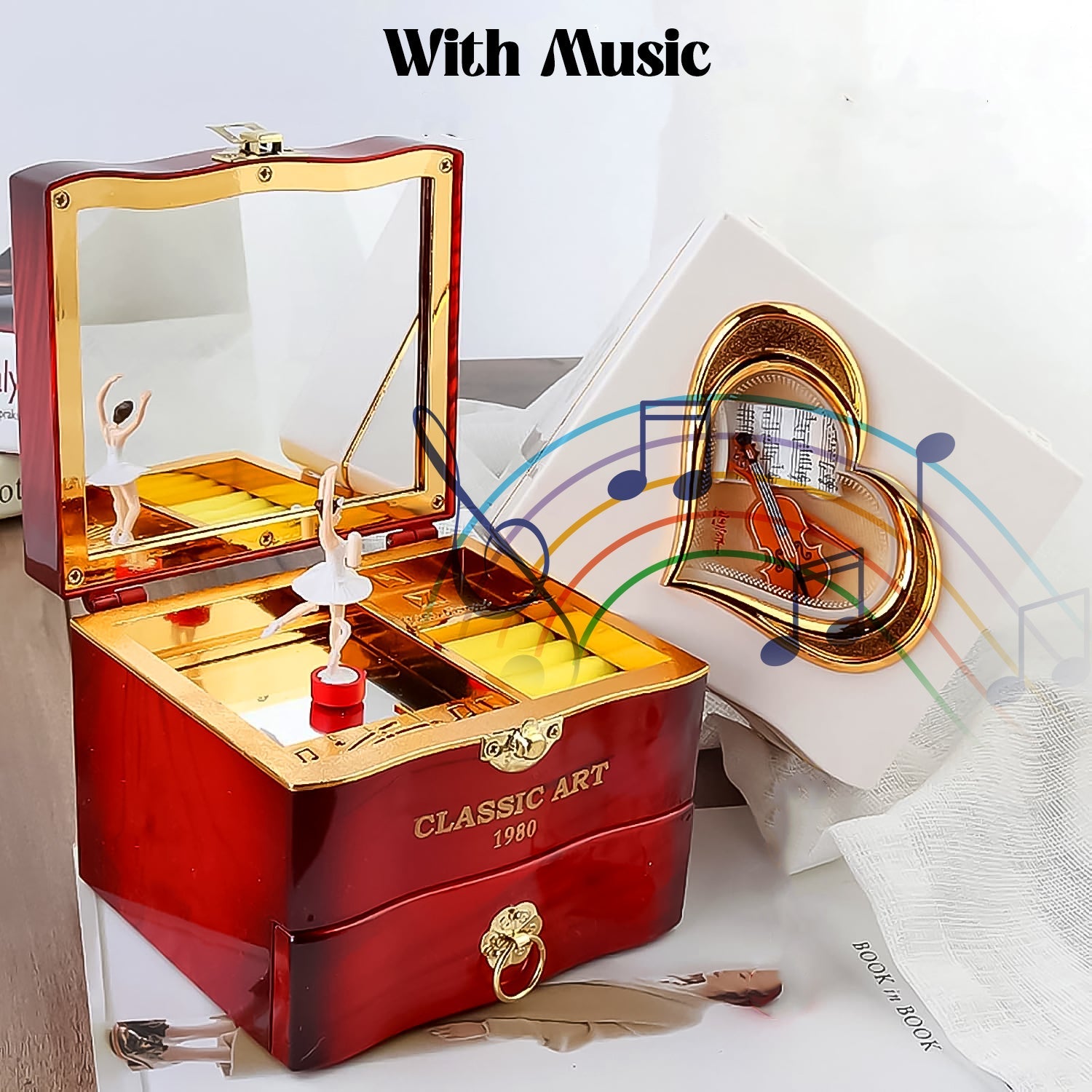 Ballerina Music Box with a hand crank, showcasing its elegant piano-style design.