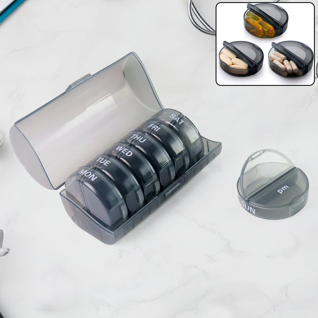FERVENT Weekly Pill Organizer with 7 rainbow-colored daily boxes inside a clear case.
