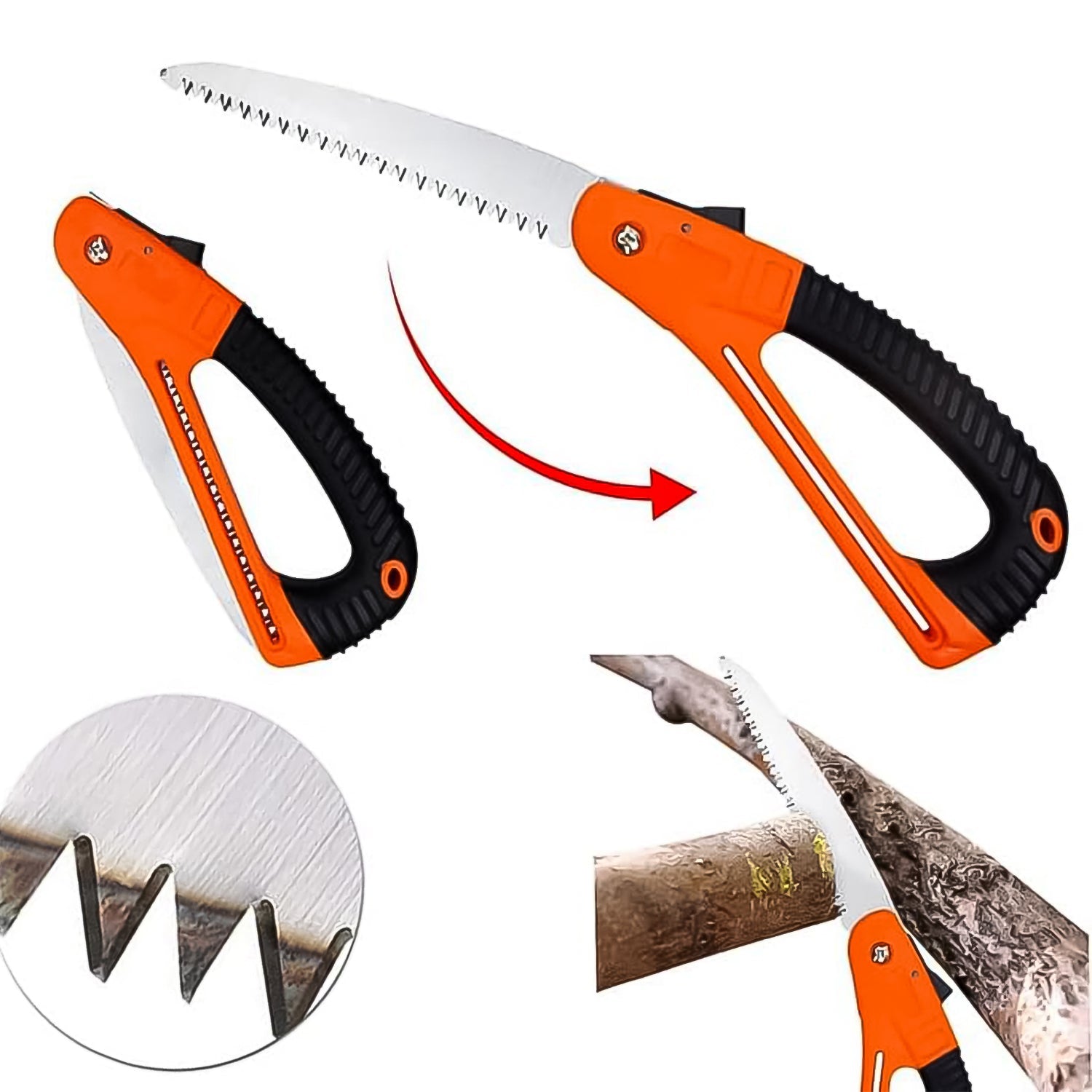 15-inch Folding Pruning Saw from Indo Glow, showcasing its sharp blade and ergonomic non-slip handle.