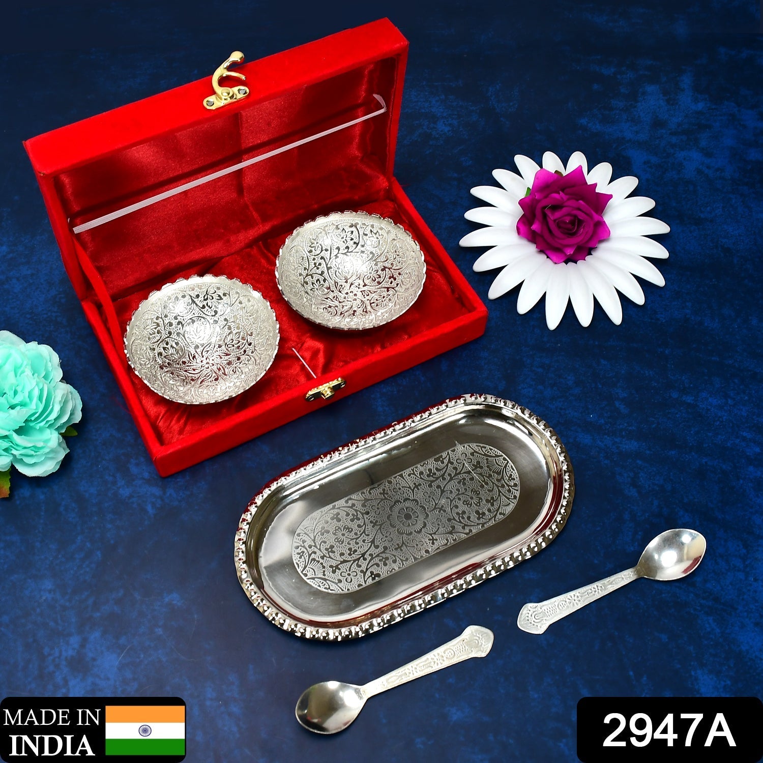 Overhead view of the complete silver plated brass serving set, showcasing its design and arrangement on a tray.