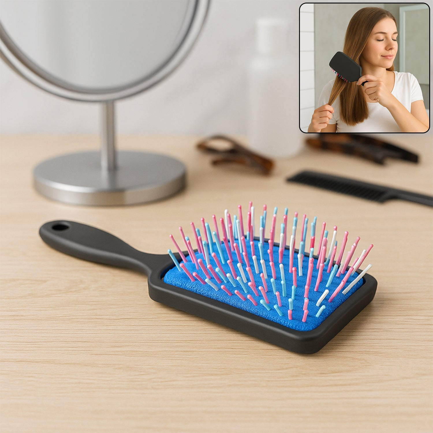 White Scalp Massager Comb with soft, ball-tipped bristles for gentle detangling.