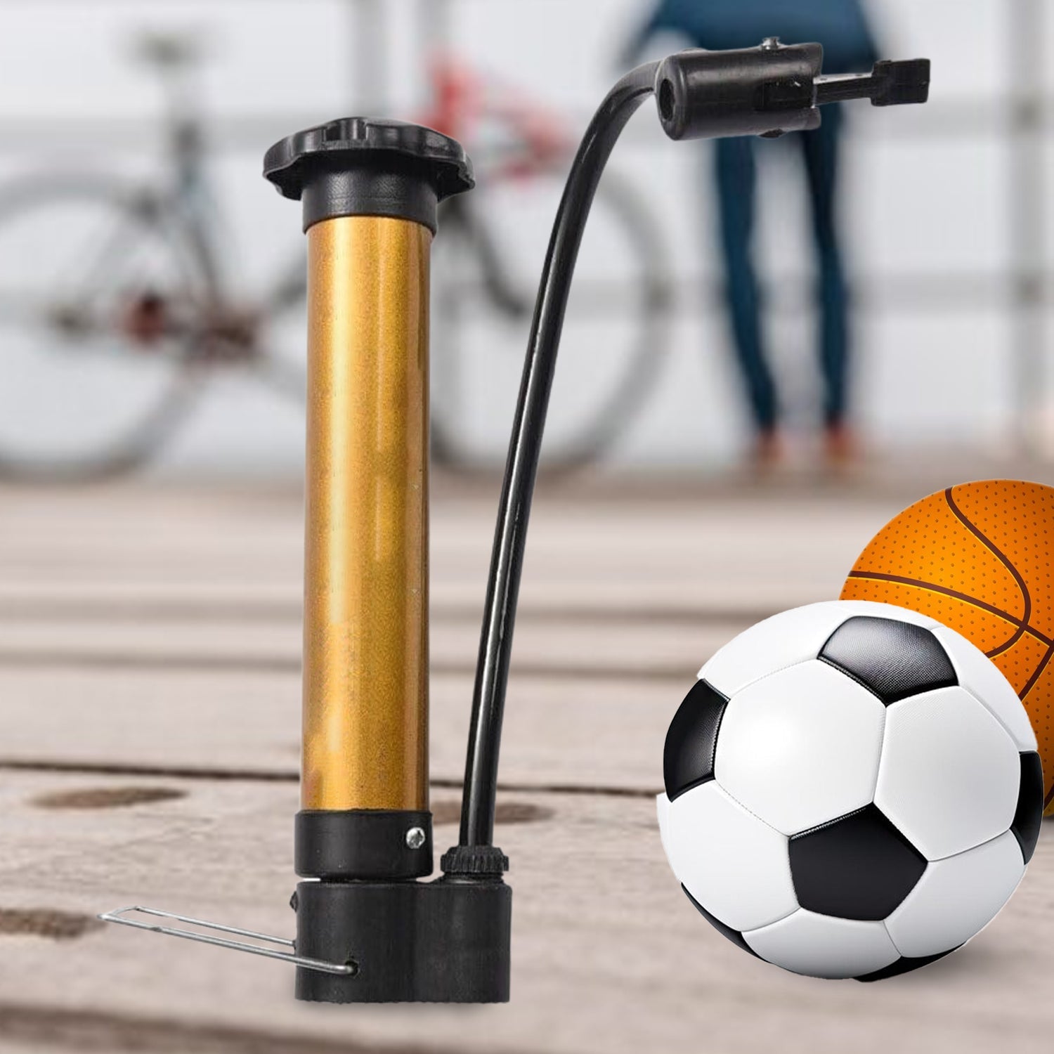 Close-up of the portable gold-plated metal hand air pump with its needle valve.