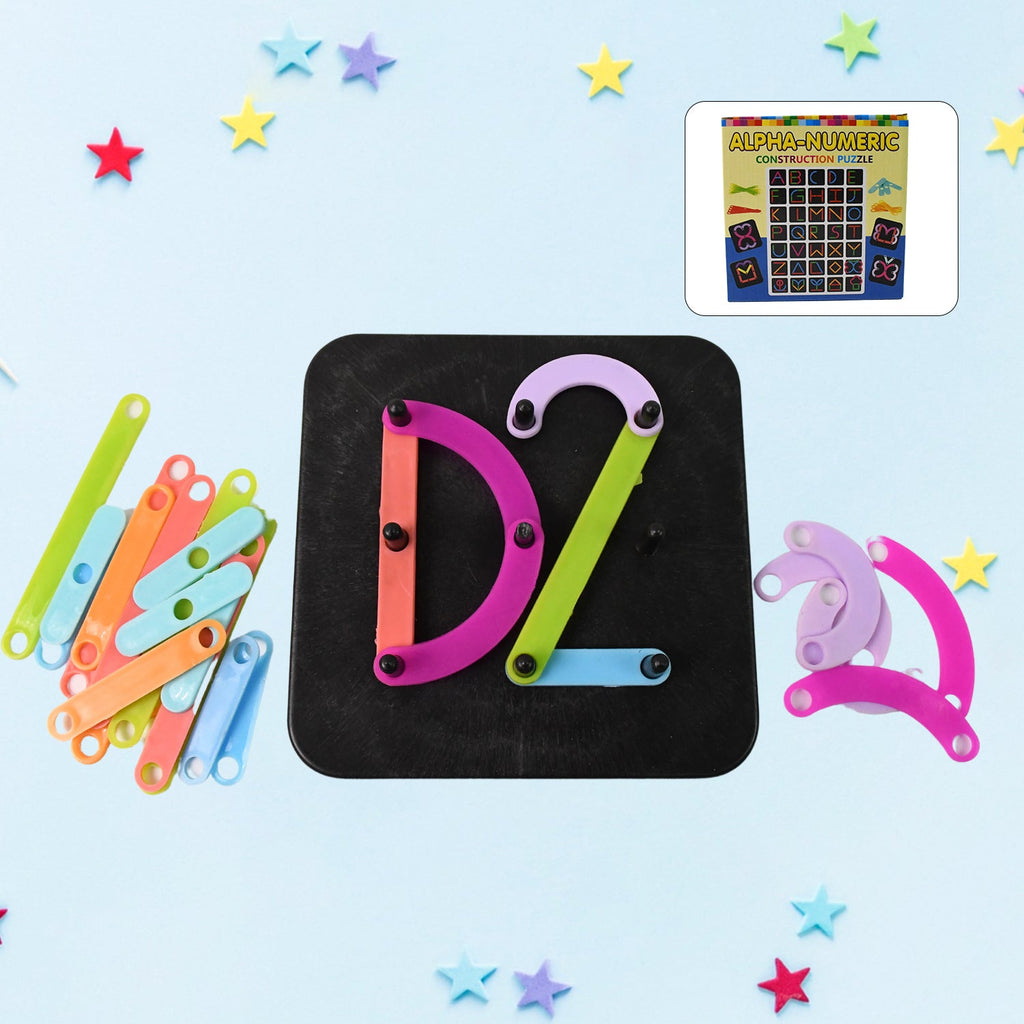 Colorful alphabet numeric puzzle pieces laid out, ready for play.
