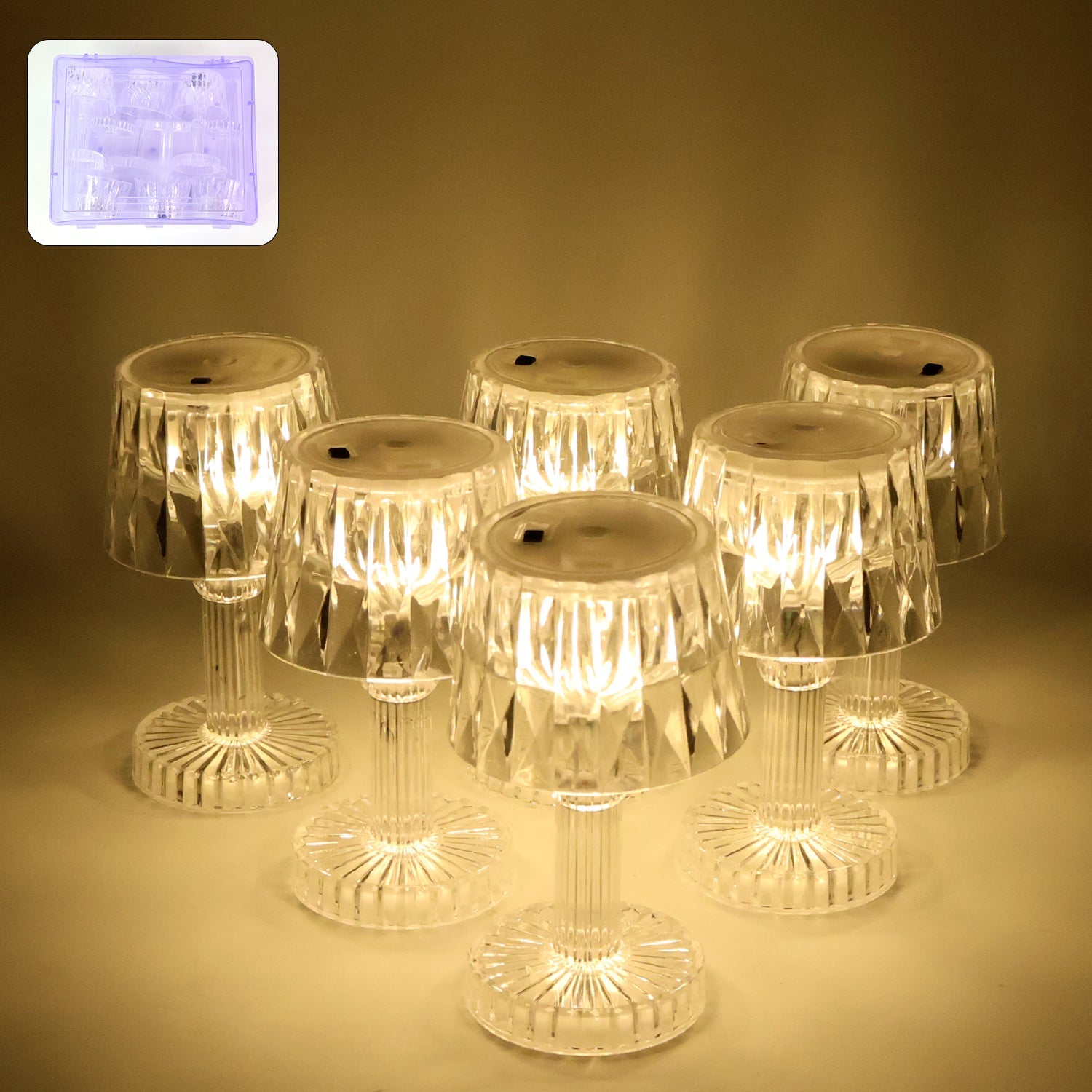 Set of six battery operated LED mini table lamps with crystal-effect shades creating a decorative glow.