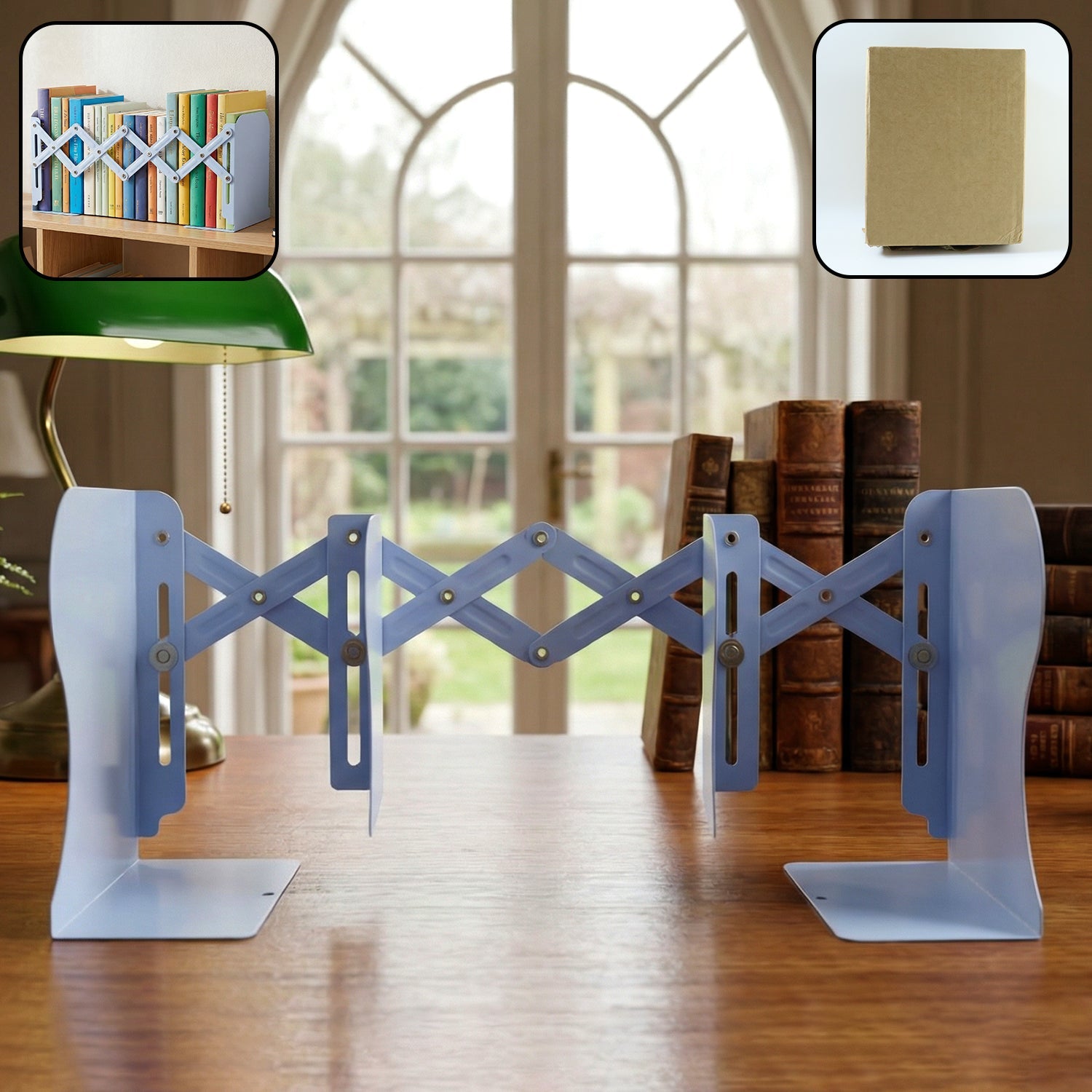 Expandable book stand holding multiple books on desk