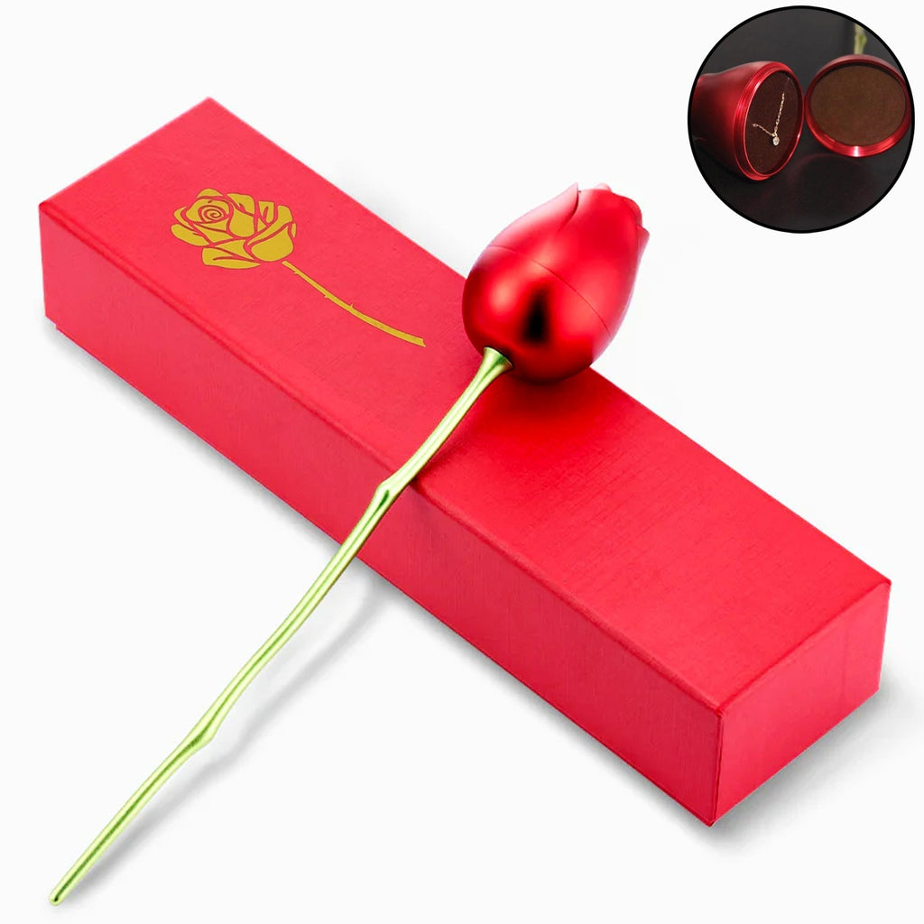 Side view of the red rose metal jewelry box, packaged beautifully for gifting.