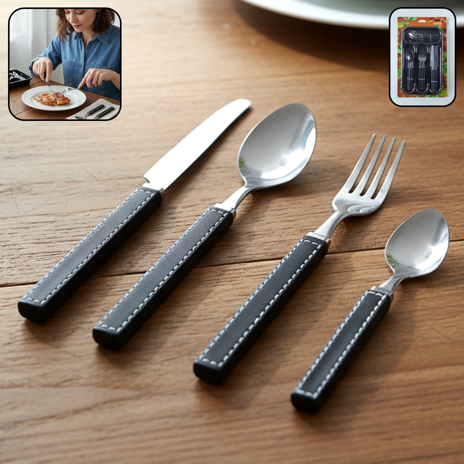 24-piece stainless steel cutlery set with plastic handles and tray laid out