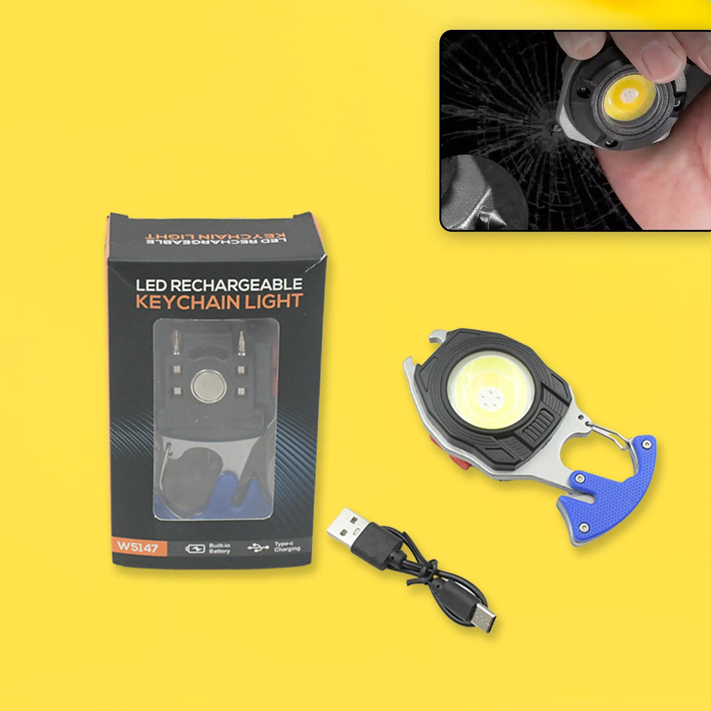 Rechargeable LED keychain flashlight displaying its six versatile lighting modes.