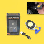 Rechargeable LED keychain flashlight displaying its six versatile lighting modes.