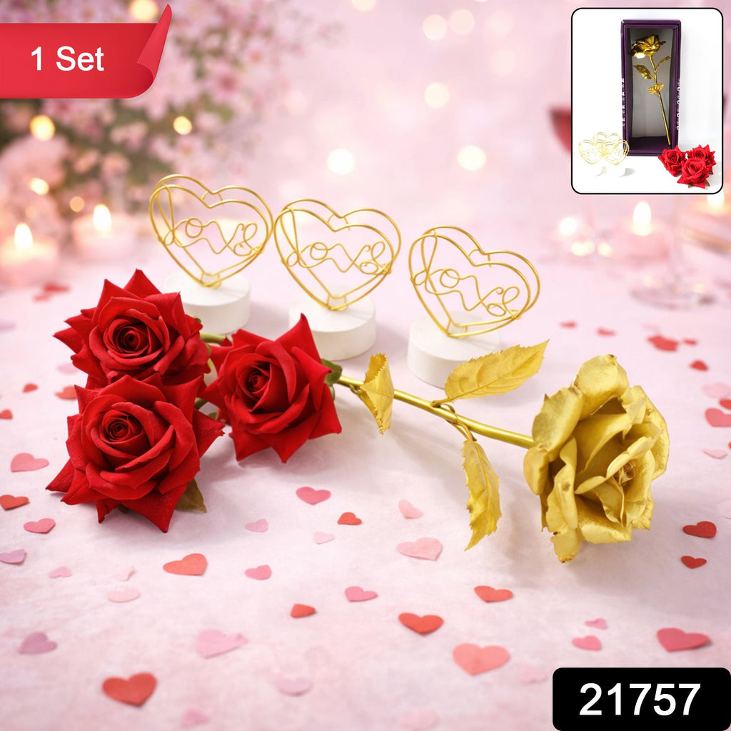 Golden artificial rose flower in romantic table decor set
