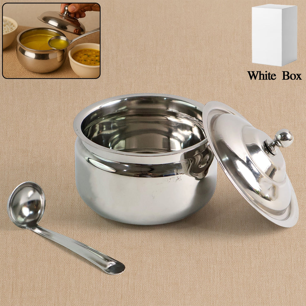 Stainless Steel Ghee Pot with lid and spoon on a white background.