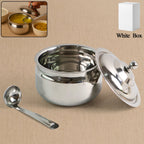Stainless Steel Ghee Pot with lid and spoon on a white background.