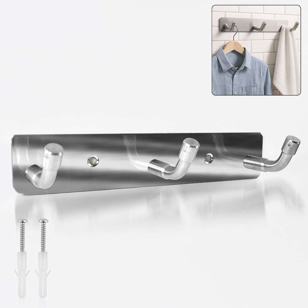 Stainless steel wall mounted coat hook rack with three durable hooks
