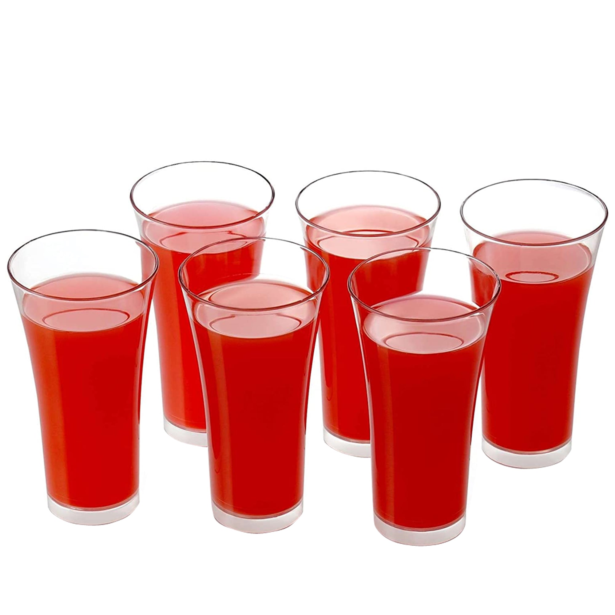 Stylish clear plastic juicy glasses set arranged on a table.