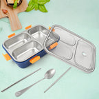 Transparent 3-compartment stainless steel lunch box with spoon and chopsticks.