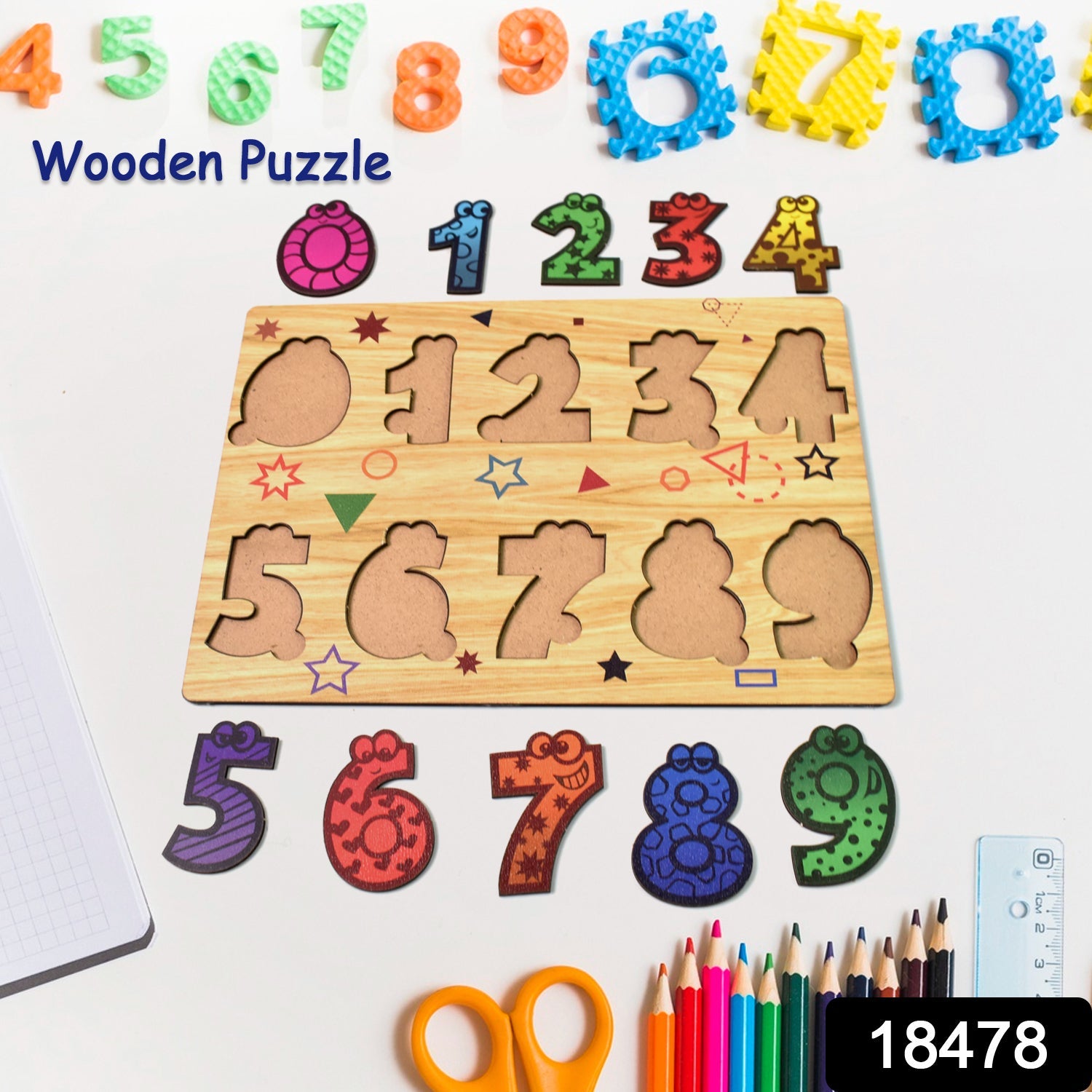 Overhead view of a wooden number puzzle with all pieces in place.