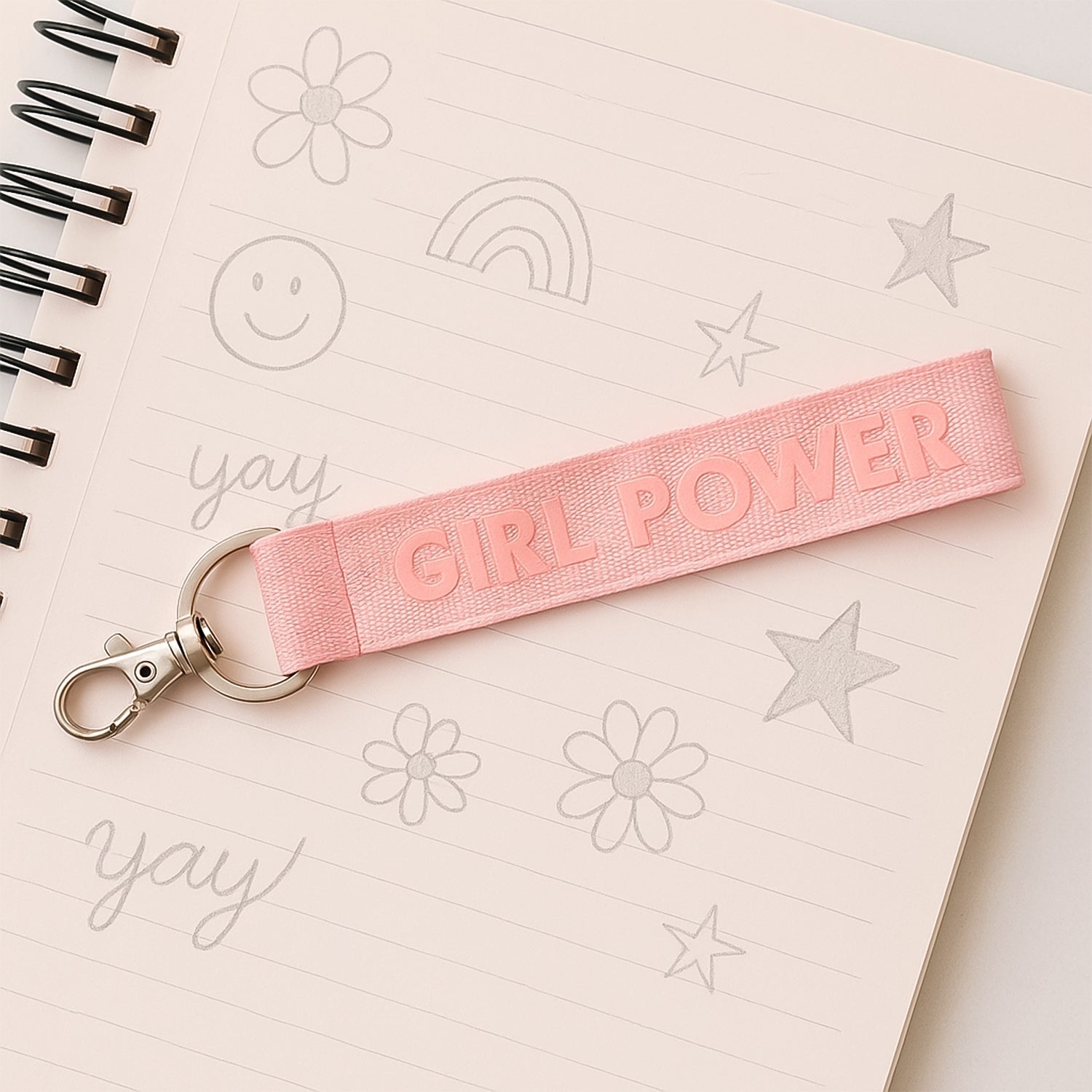 Girl Power fabric ribbon keychain with vibrant pink embossed strap on metal ring