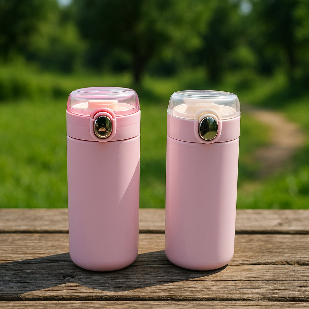 Multiple colorful  kids water bottles showcasing their sleek design and 300ml capacity.