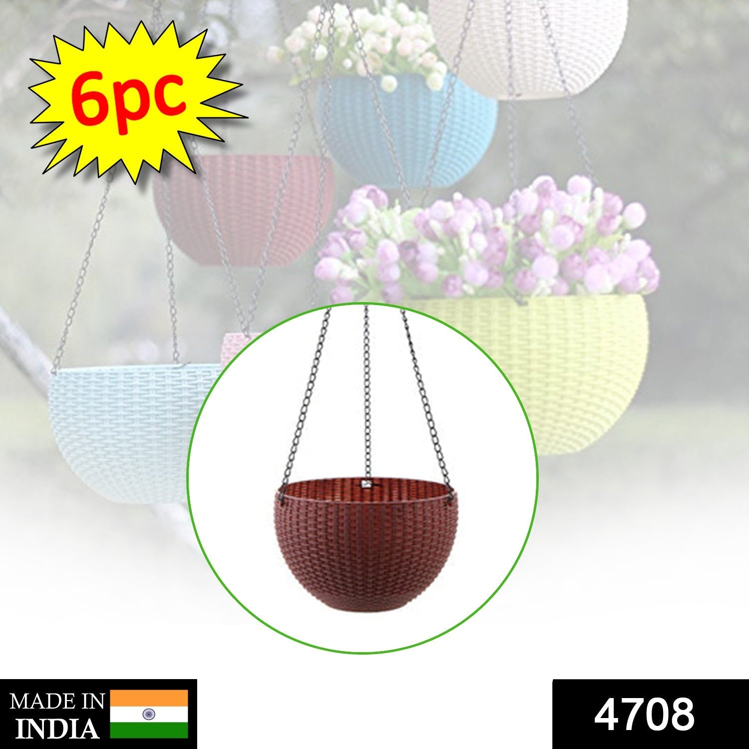 Close-up of a single plastic hanging planter with its steel chain, showcasing the textured design.