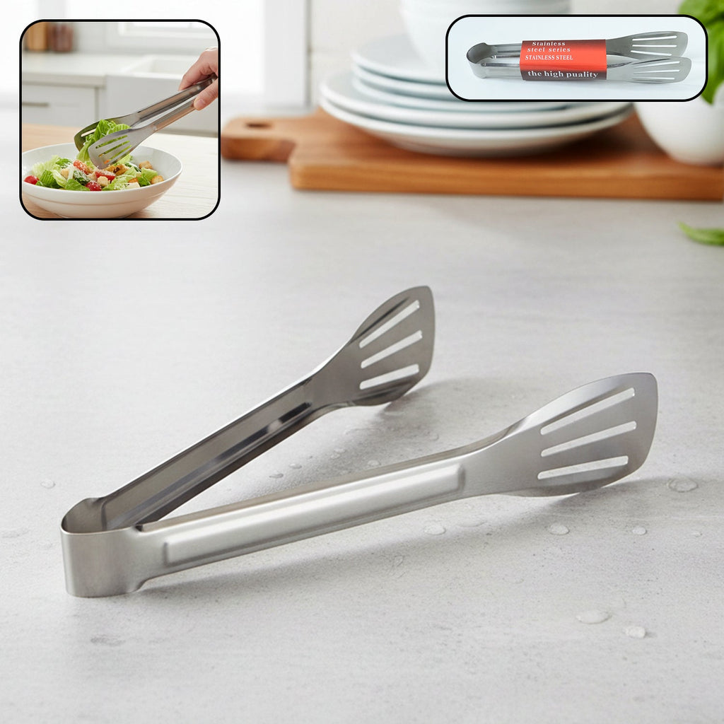 Stainless steel serving tongs with strong, multipurpose grip on a white background