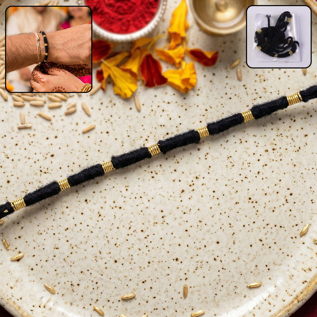 Handmade black thread rakhi bracelet with gold beads, perfect for Raksha Bandhan