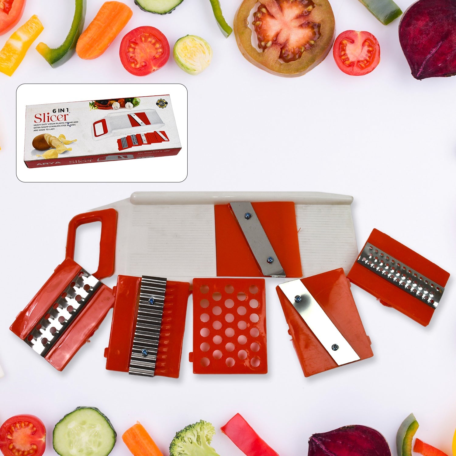 Quickslice 6-in-1 vegetable slicer set with multiple blades for versatile food prep.