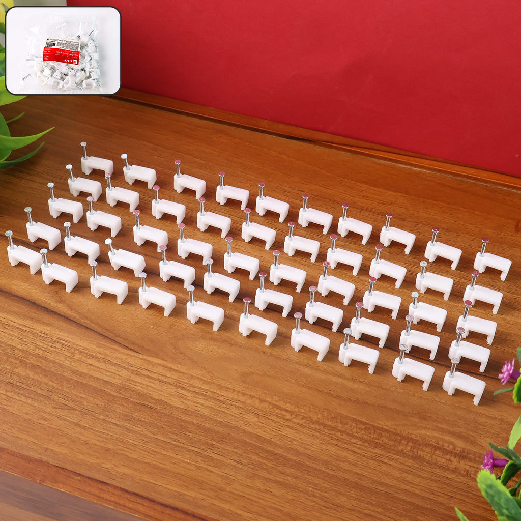 Detailed view of 8mm nail cable clip's plastic holder and steel nail