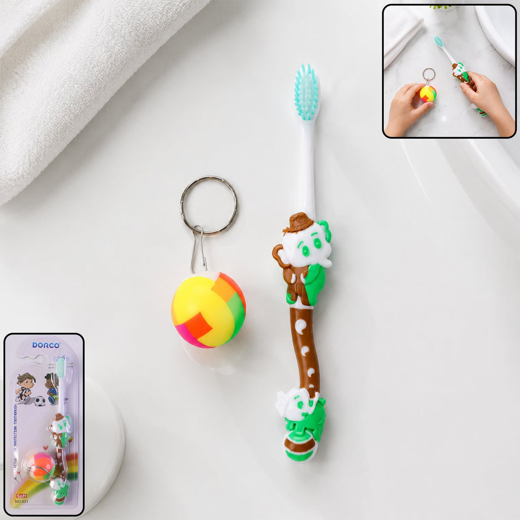 Kids toothbrush and ball toy set in colorful cartoon packaging promoting healthy habits