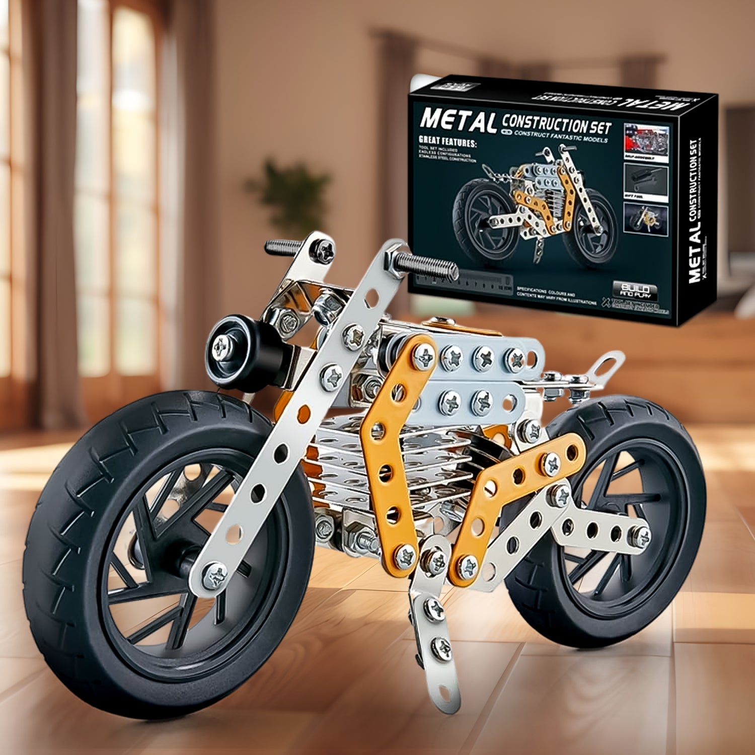 Little Blocks metal bike building kit, showcasing the assembled model.